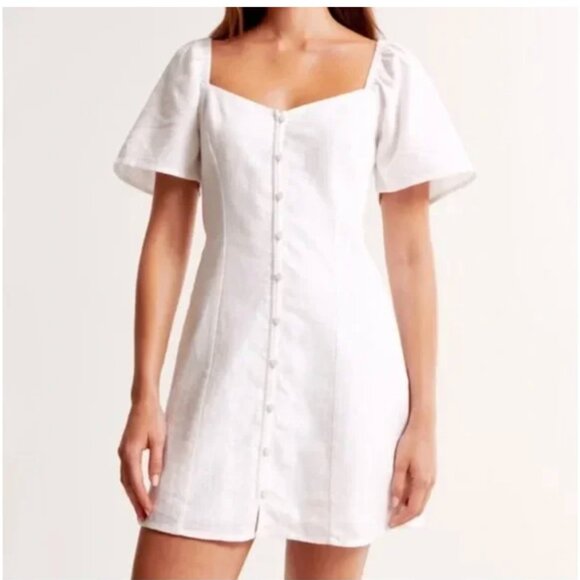 New XXL Tall White Abercrombie Linen Blend Button Through Mini Dress - Picture 1 of 4